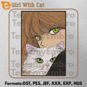 Anime Girl and White Cat Embroidery Design Exclusive Digital Art