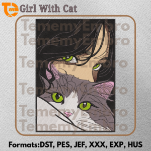 Anime Girl With Cat Embroidery Design Exclusive Kawaii Art