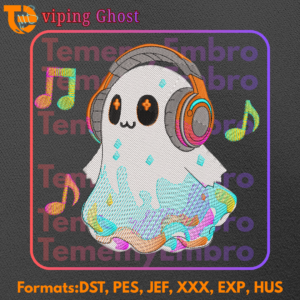 Vibing Ghost with Headphones Premium Embroidery Design - Music Aesthetic with Formats Displayed