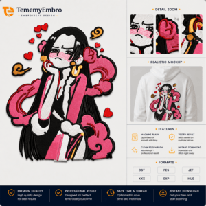 Boa Hancock Pirate Empress embroidery design with hearts and realistic white hoodie mockup by TememyEmbro.