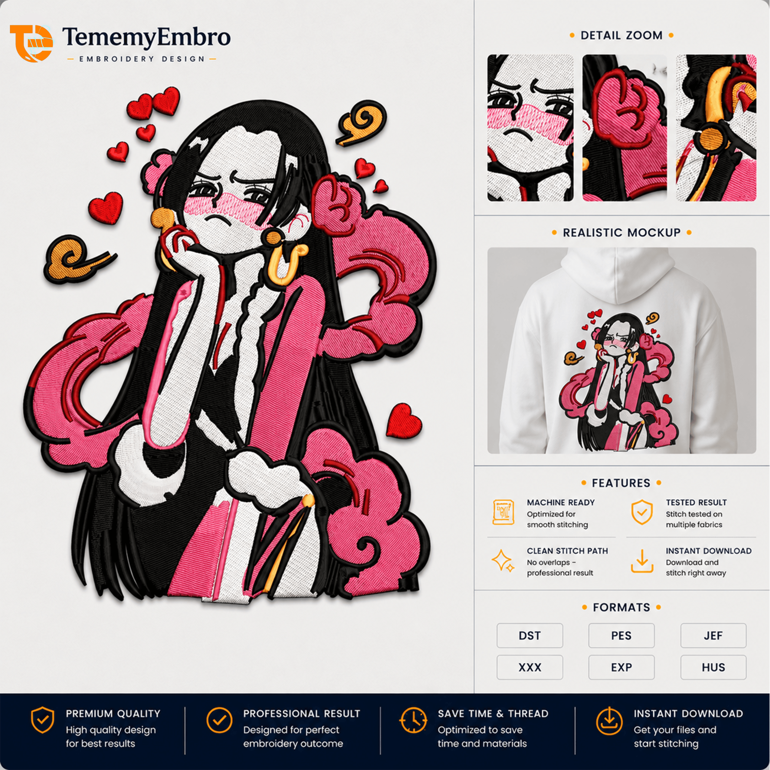 Boa Hancock - Pirate Empress - Premium Embroidery Design - TememyEmbro Boa Hancock Pirate Empress embroidery design with hearts and realistic white hoodie mockup by TememyEmbro.