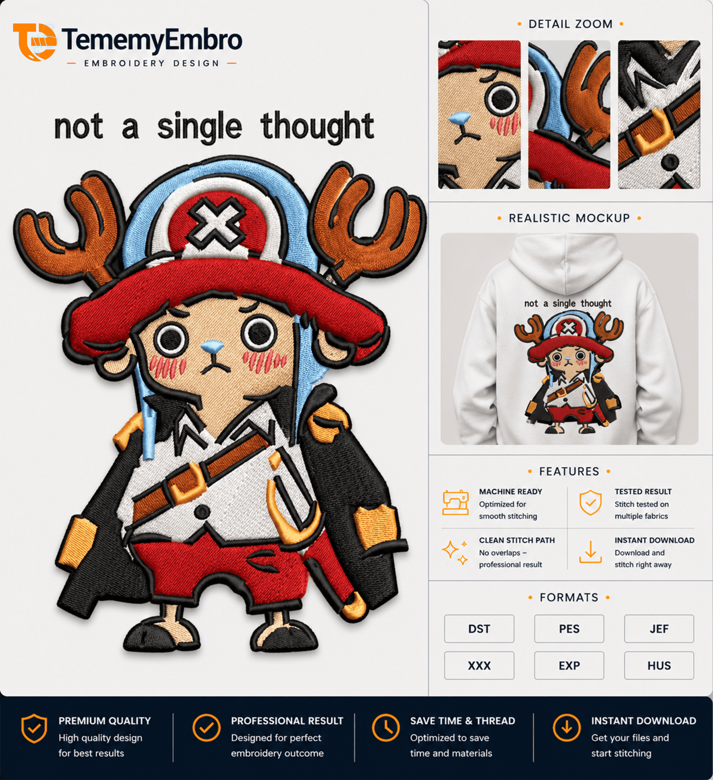 Tony Tony Chopper - Pirate Doctor - Premium Embroidery Design - TememyEmbro Chopper Pirate Doctor embroidery design with "not a single thought" text and realistic white hoodie mockup by TememyEmbro.
