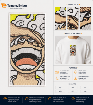 "High-quality manual digitized embroidery design of Luffy Gear 5 Joyboy featuring dense stitch paths, realistic mockup, and fine detail zoom for embroidery machines."