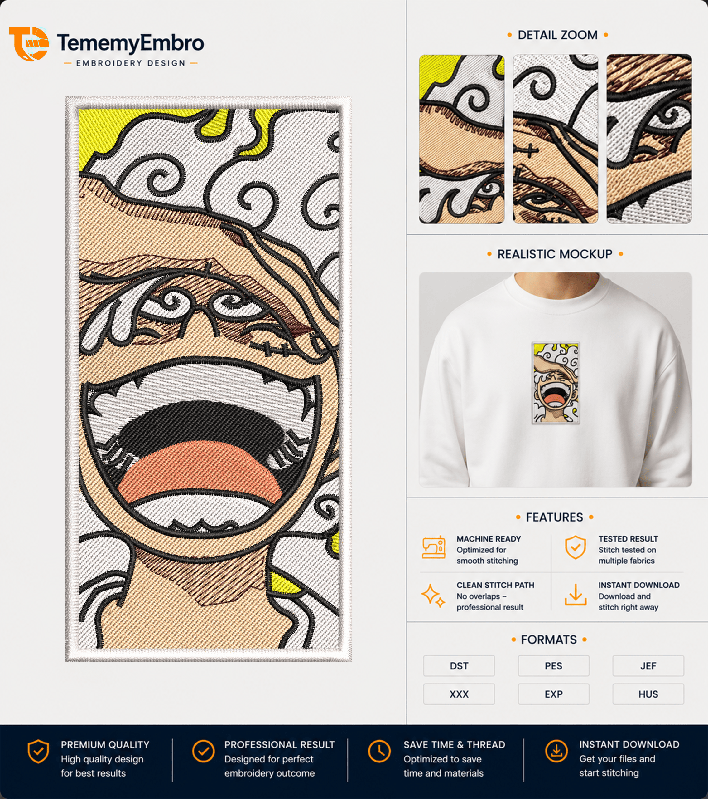 Luffy Gear 5 - JoyBoy The Awakening - Embroidery Design - TememyEmbro "High-quality manual digitized embroidery design of Luffy Gear 5 Joyboy featuring dense stitch paths, realistic mockup, and fine detail zoom for embroidery machines."
