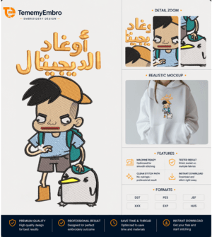 TememyEmbro | High-Quality Digital Embroidery Designs - TememyEmbro Funny Arabic parody embroidery design of Genki and Penchi from Monster Rancher with bold golden Arabic text saying Awghad Al-Digital, displayed on a realistic white hoodie mockup by TememyEmbro.