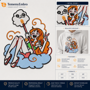 TememyEmbro | High-Quality Digital Embroidery Designs - TememyEmbro Nami and Zeus cloud embroidery design with orange hair and lightning elements on a realistic white hoodie mockup by TememyEmbro.