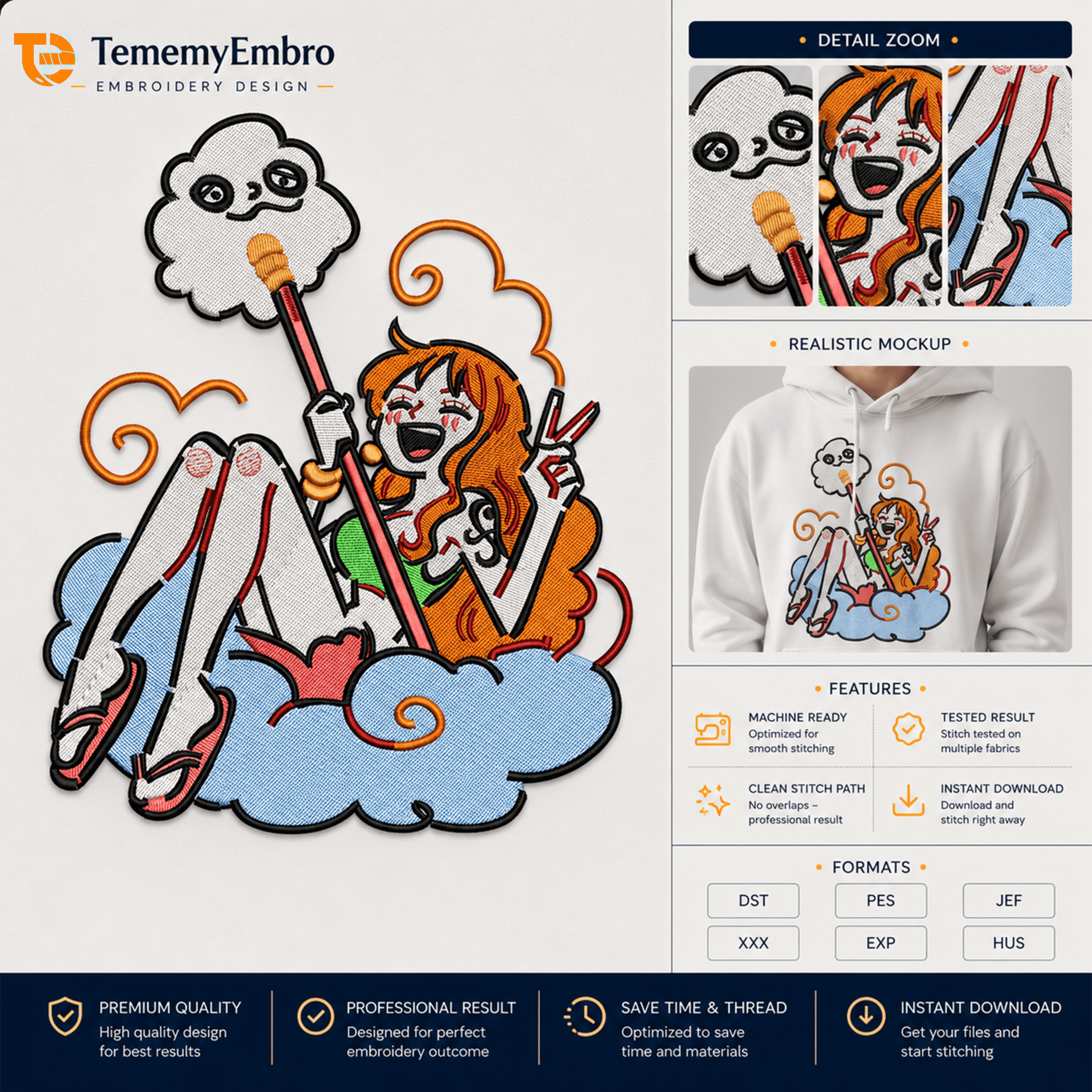 Nami - Cat Burglar & Zeus - Premium Embroidery Design - TememyEmbro Nami and Zeus cloud embroidery design with orange hair and lightning elements on a realistic white hoodie mockup by TememyEmbro.