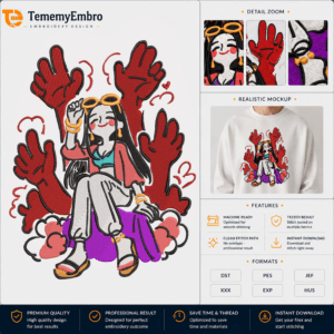 TememyEmbro | High-Quality Digital Embroidery Designs - TememyEmbro Nico Robin Hana Hana no Mi embroidery design with red hands, purple clouds, and realistic white sweatshirt mockup by TememyEmbro.