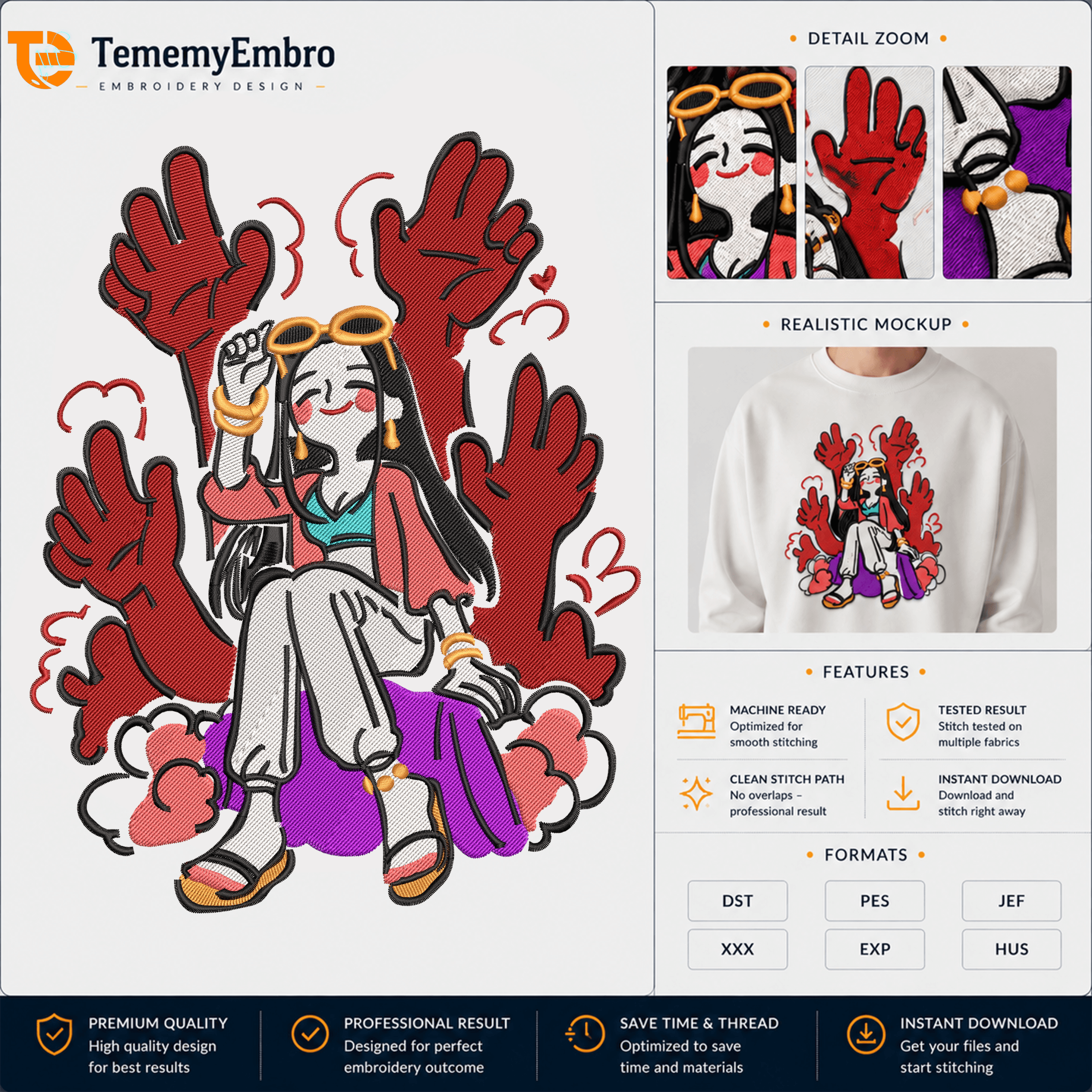 Nico Robin - Hana Hana no Mi - Premium Embroidery Design - TememyEmbro Nico Robin Hana Hana no Mi embroidery design with red hands, purple clouds, and realistic white sweatshirt mockup by TememyEmbro.