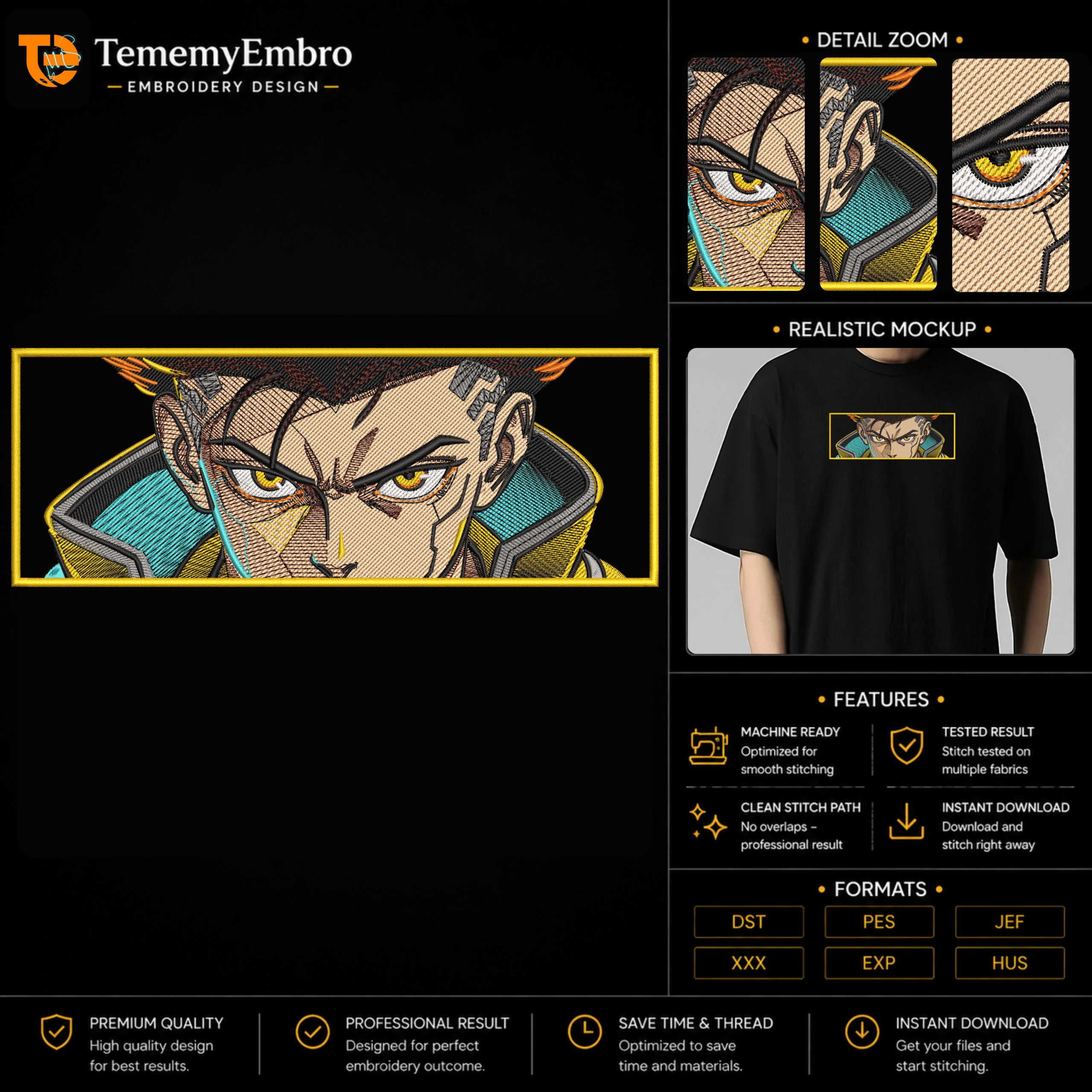 Cyberpunk Edgerunners David Martinez Eyes - Premium Embroidery Design - TememyEmbro David Eyes Embroidery Design with yellow jacket techwear in a gold frame