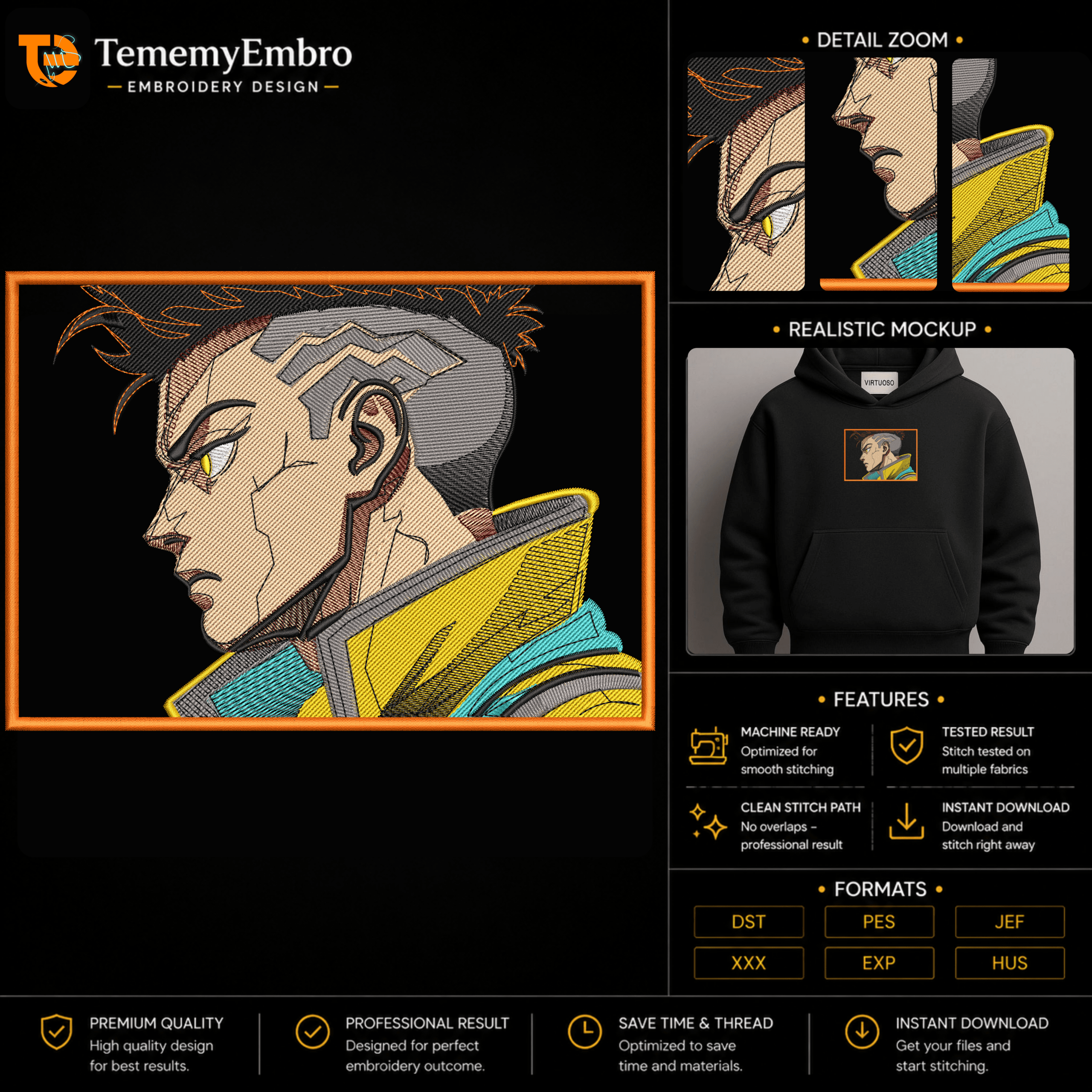 Cyberpunk Edgerunners David Martinez Profile - Premium Embroidery Design - TememyEmbro High-quality anime embroidery design of David Martinez from Cyberpunk Edgerunners in profile view with his yellow jacket and neon cyberware, displayed on a black hoodie mockup by TememyEmbro.