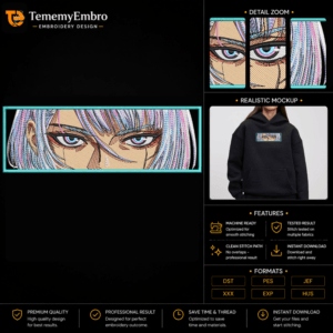 TememyEmbro | High-Quality Digital Embroidery Designs - TememyEmbro Lucy Eyes Embroidery Design with neon cyberware in a cyan frame
