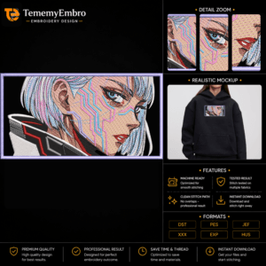 TememyEmbro | High-Quality Digital Embroidery Designs - TememyEmbro Cyberpunk Edgerunners Lucy Embroidery Design with neon cyberware in a purple frame.